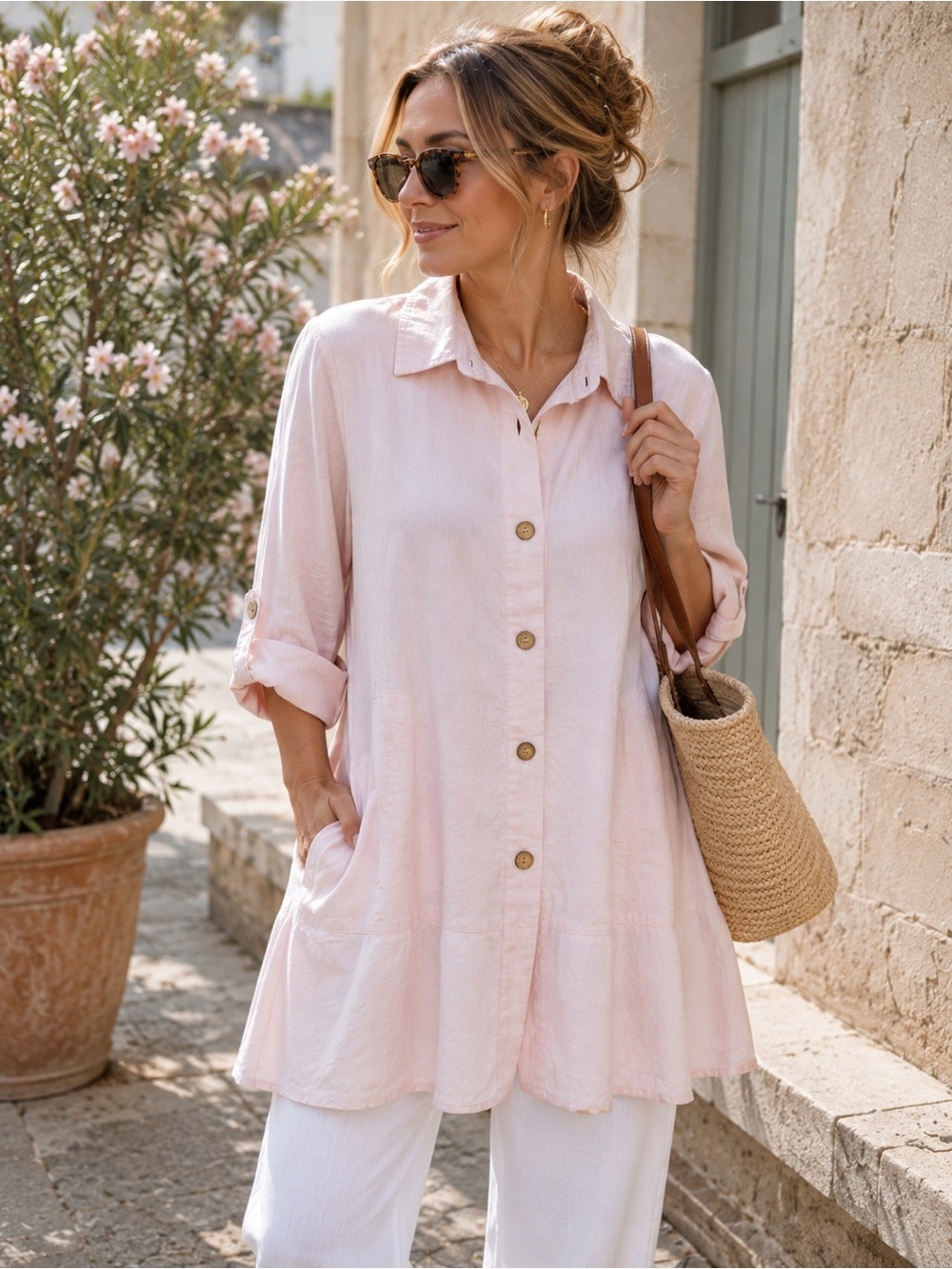 Simply Noelle Linen Blend Tunic Blush Pink Coastal Resort Top L/XL